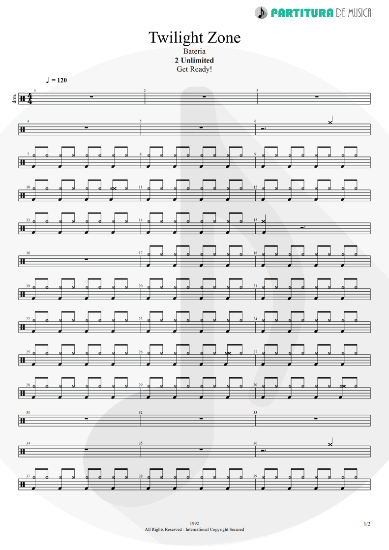 Partitura de musica de Bateria - Twilight Zone | 2 Unlimited | Get Ready! 1992 - pag 1
