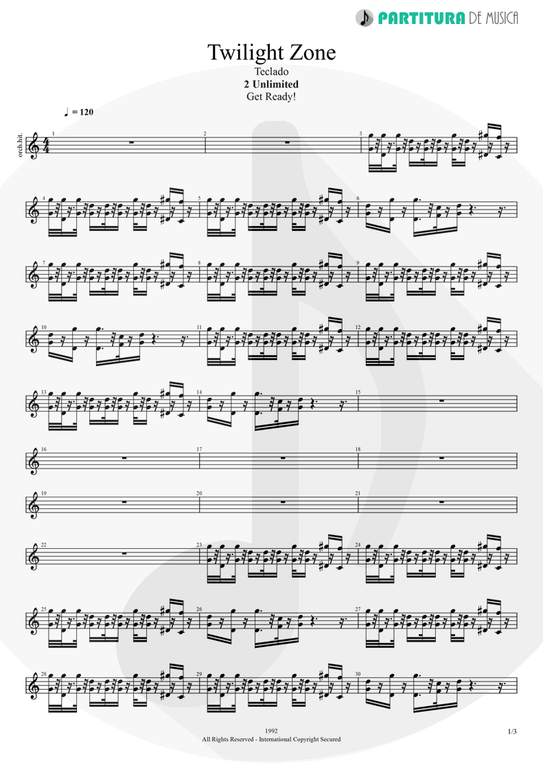 Partitura de musica de Teclado - Twilight Zone | 2 Unlimited | Get Ready! 1992 - pag 1