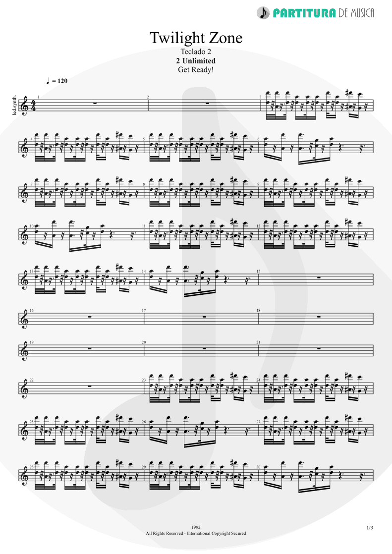 Partitura de musica de Teclado - Twilight Zone | 2 Unlimited | Get Ready! 1992 - pag 1