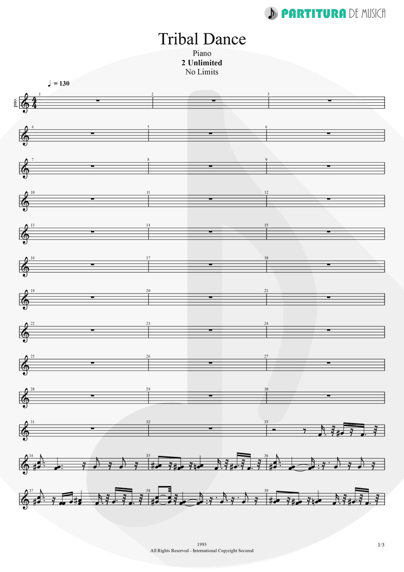 Partitura de musica de Piano - Tribal Dance | 2 Unlimited | No Limits 1993 - pag 1