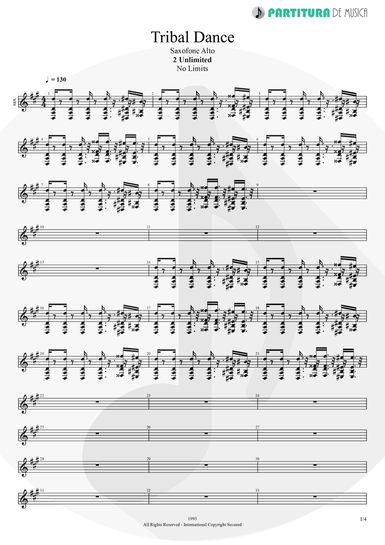 Partitura de musica de Saxofone Alto - Tribal Dance | 2 Unlimited | No Limits 1993 - pag 1