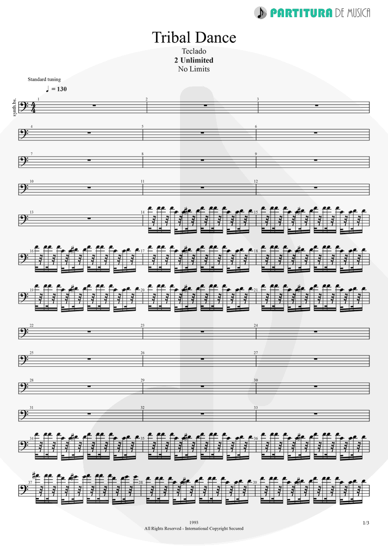 Partitura de musica de Teclado - Tribal Dance | 2 Unlimited | No Limits 1993 - pag 1