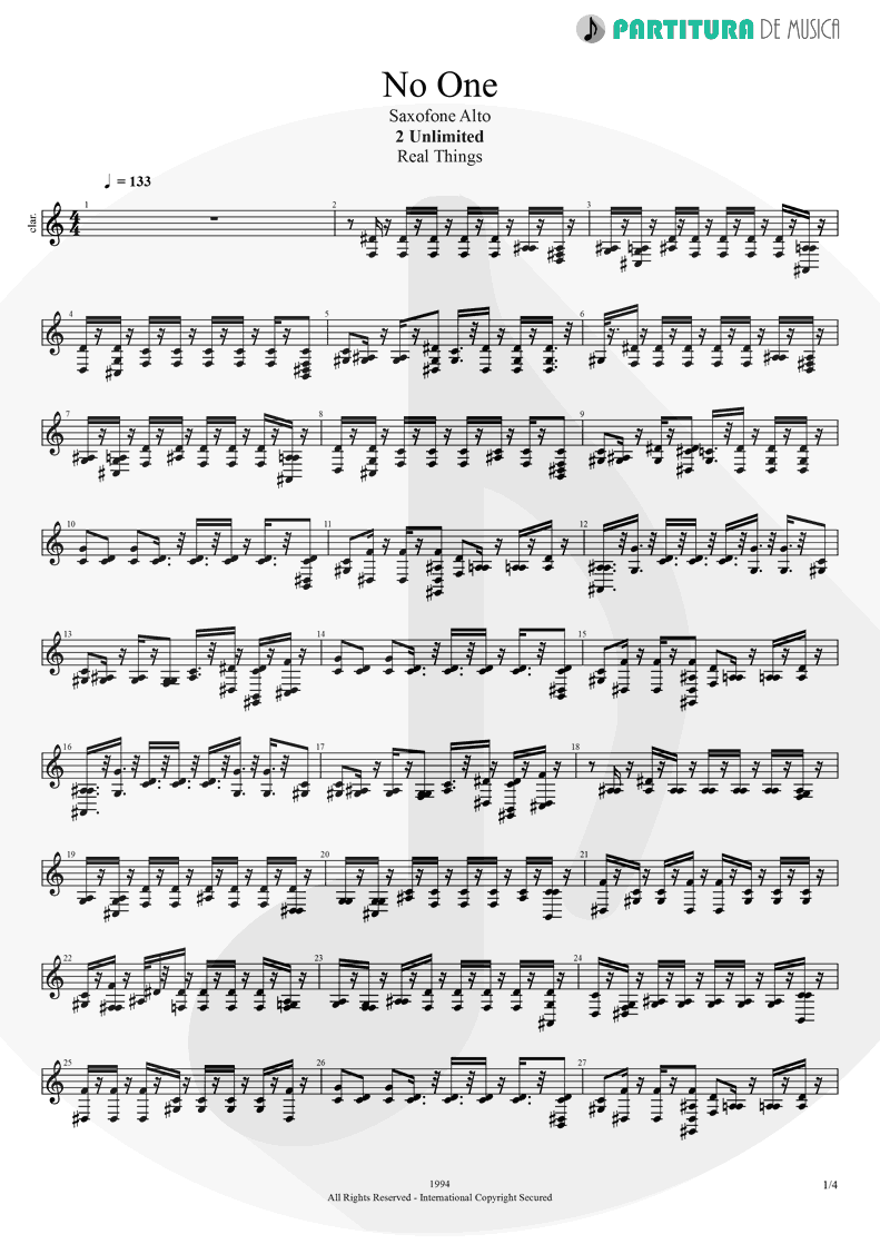 Partitura de musica de Saxofone Alto - No One | 2 Unlimited | Real Things 1994 - pag 1