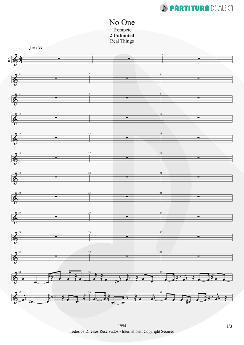 Partitura de musica de Trompete - No One | 2 Unlimited | Real Things 1994 - pag 1