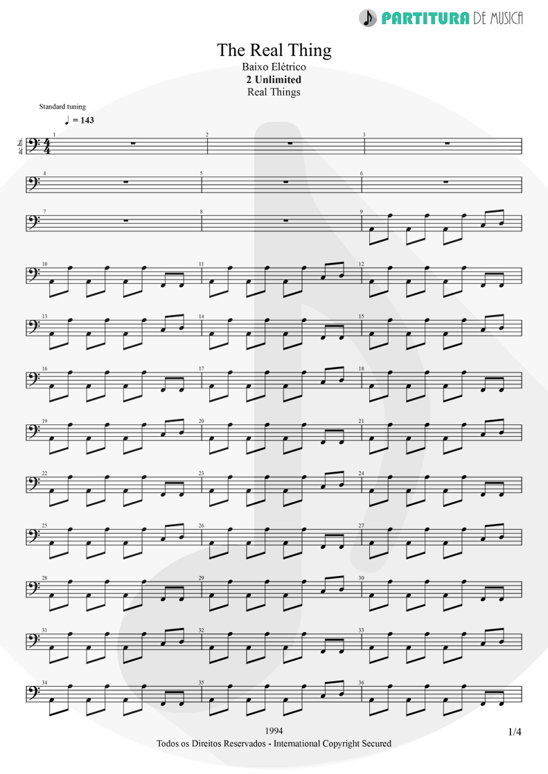 Partitura de musica de Baixo Elétrico - The Real Thing | 2 Unlimited | Real Things 1994 - pag 1
