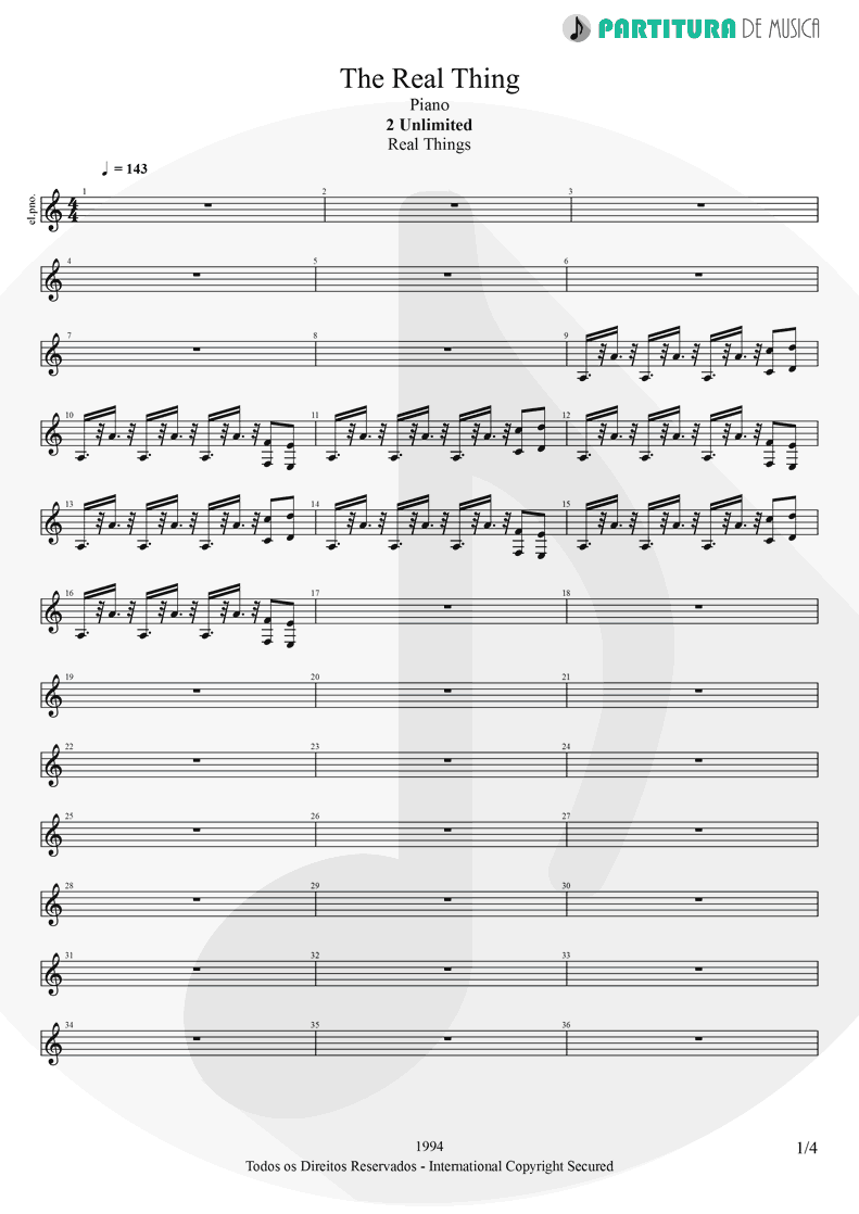 Partitura de musica de Piano - The Real Thing | 2 Unlimited | Real Things 1994 - pag 1