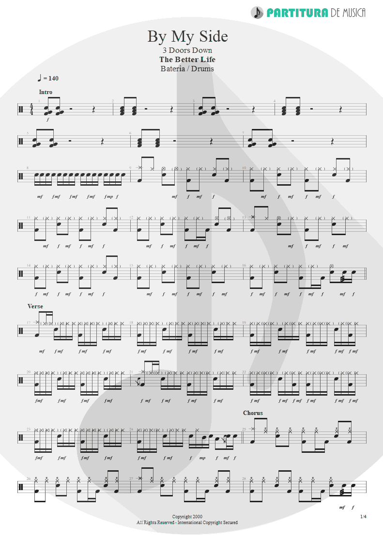 Partitura de musica de Bateria - By My Side | 3 Doors Down | The Better Life 2000 - pag 1