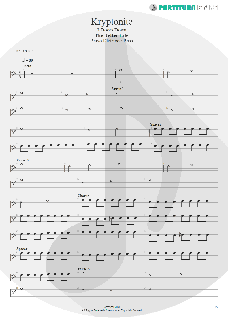 Partitura de musica de Baixo Elétrico - Kryptonite | 3 Doors Down | The Better Life 2000 - pag 1