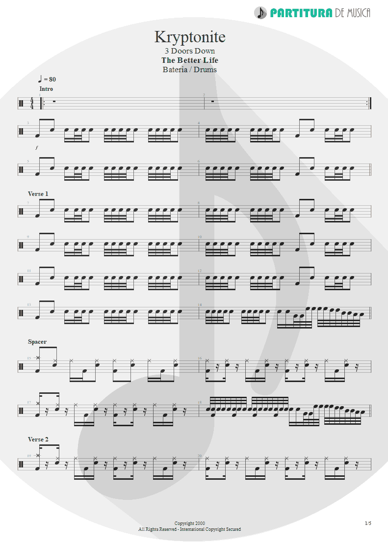 Partitura de musica de Bateria - Kryptonite | 3 Doors Down | The Better Life 2000 - pag 1