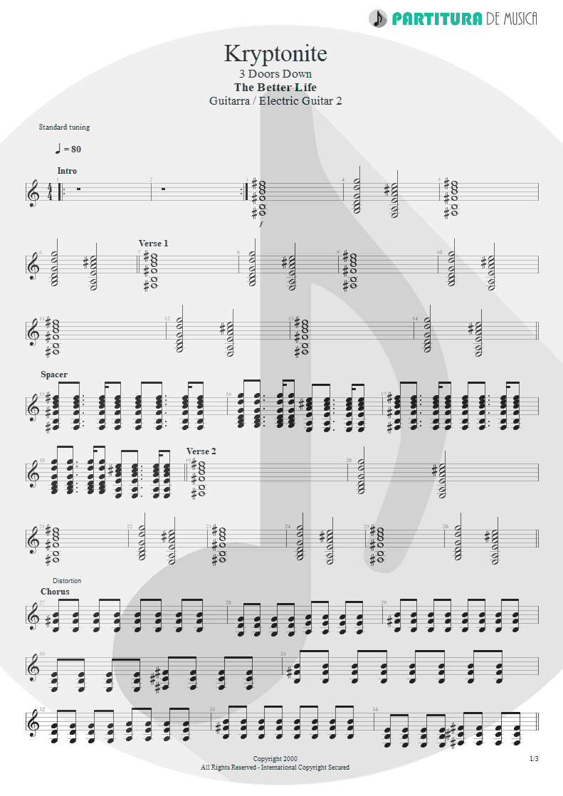 Partitura de musica de Guitarra Elétrica - Kryptonite | 3 Doors Down | The Better Life 2000 - pag 1