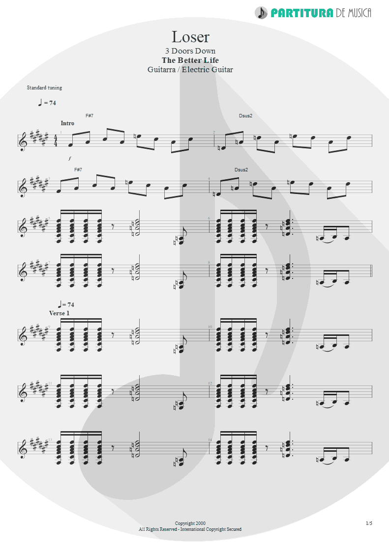 Partitura de musica de Guitarra Elétrica - Loser | 3 Doors Down | The Better Life 2000 - pag 1