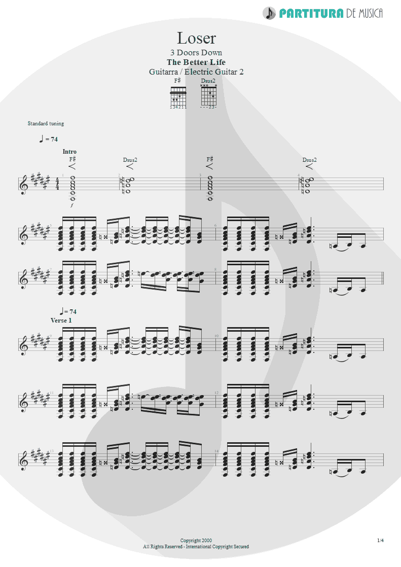 Partitura de musica de Guitarra Elétrica - Loser | 3 Doors Down | The Better Life 2000 - pag 1