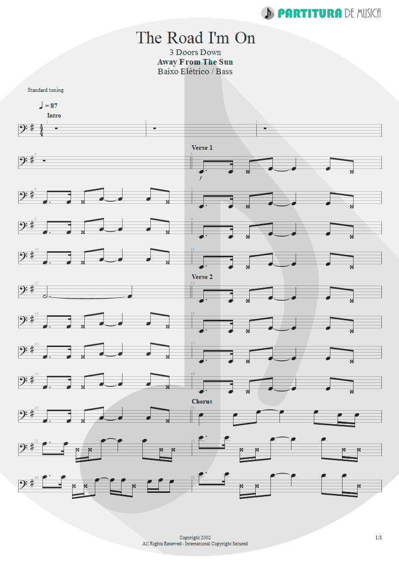 Partitura de musica de Baixo Elétrico - The Road I'm On | 3 Doors Down | Away from the Sun 2002 - pag 1