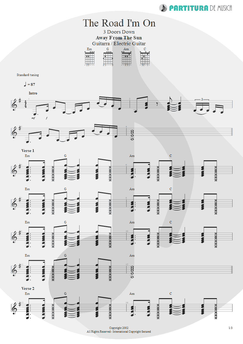 Partitura de musica de Guitarra Elétrica - The Road I'm On | 3 Doors Down | Away from the Sun 2002 - pag 1