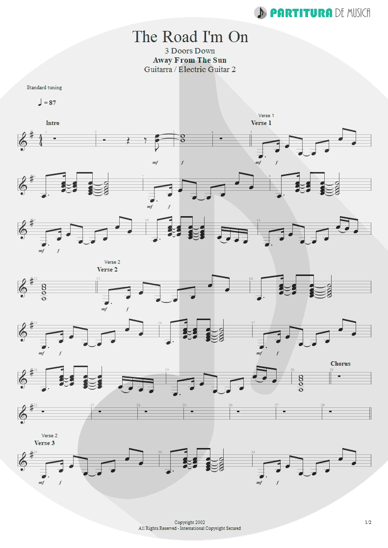 Partitura de musica de Guitarra Elétrica - The Road I'm On | 3 Doors Down | Away from the Sun 2002 - pag 1