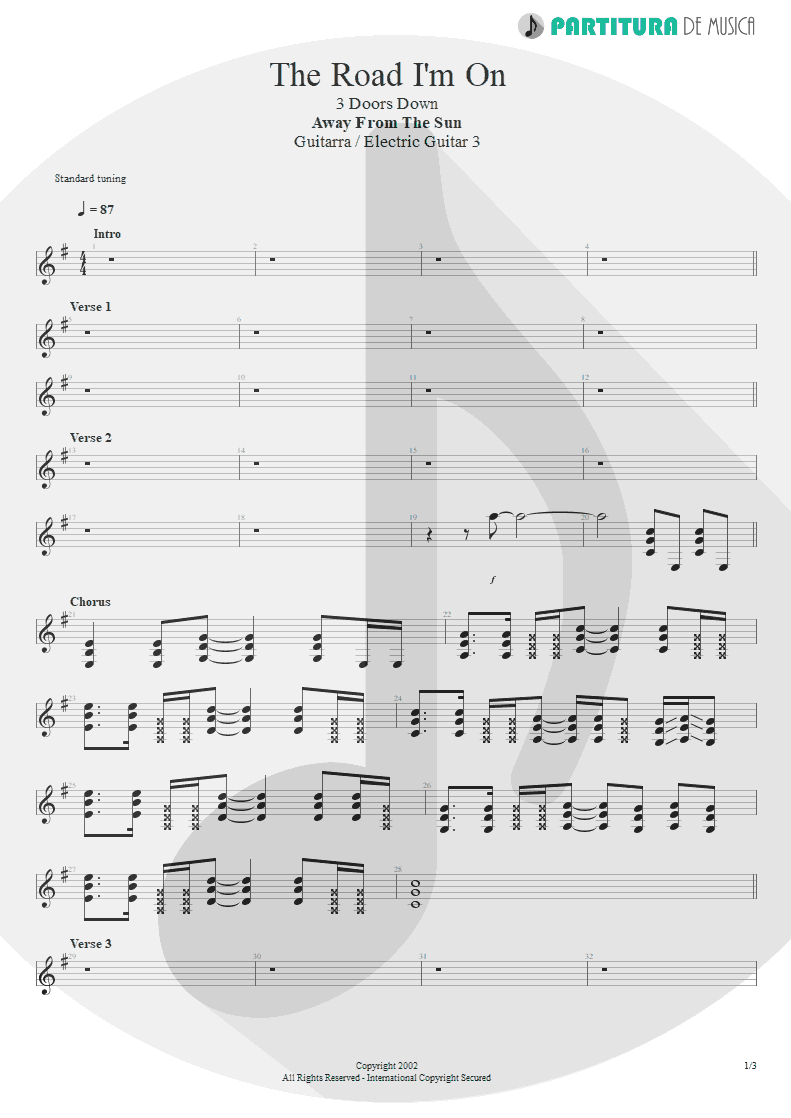 Partitura de musica de Guitarra Elétrica - The Road I'm On | 3 Doors Down | Away from the Sun 2002 - pag 1