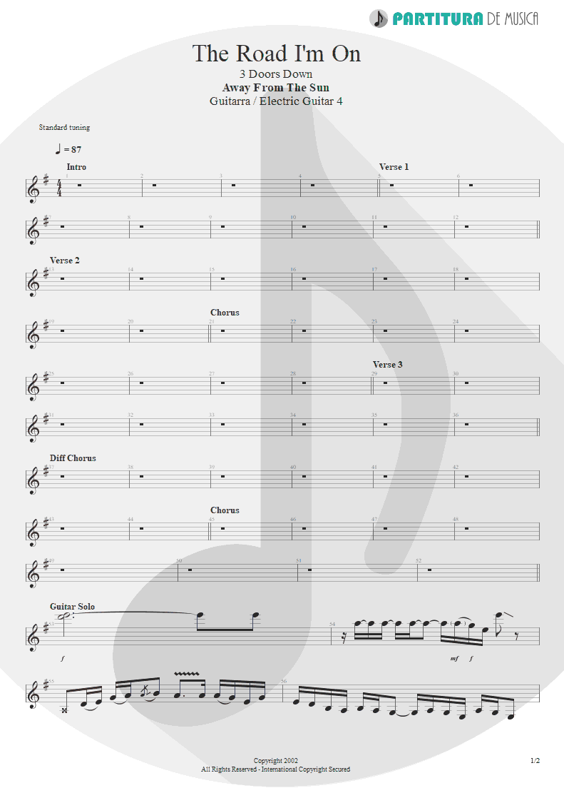 Partitura de musica de Guitarra Elétrica - The Road I'm On | 3 Doors Down | Away from the Sun 2002 - pag 1