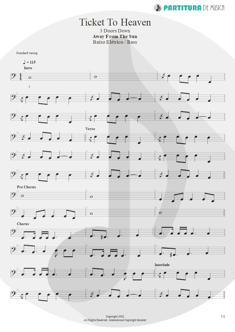 Partitura de musica de Baixo Elétrico - Ticket To Heaven | 3 Doors Down | Away from the Sun 2002 - pag 1