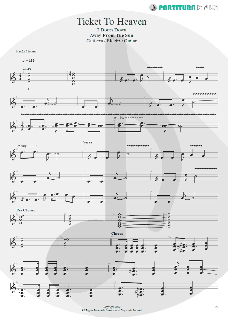 Partitura de musica de Guitarra Elétrica - Ticket To Heaven | 3 Doors Down | Away from the Sun 2002 - pag 1