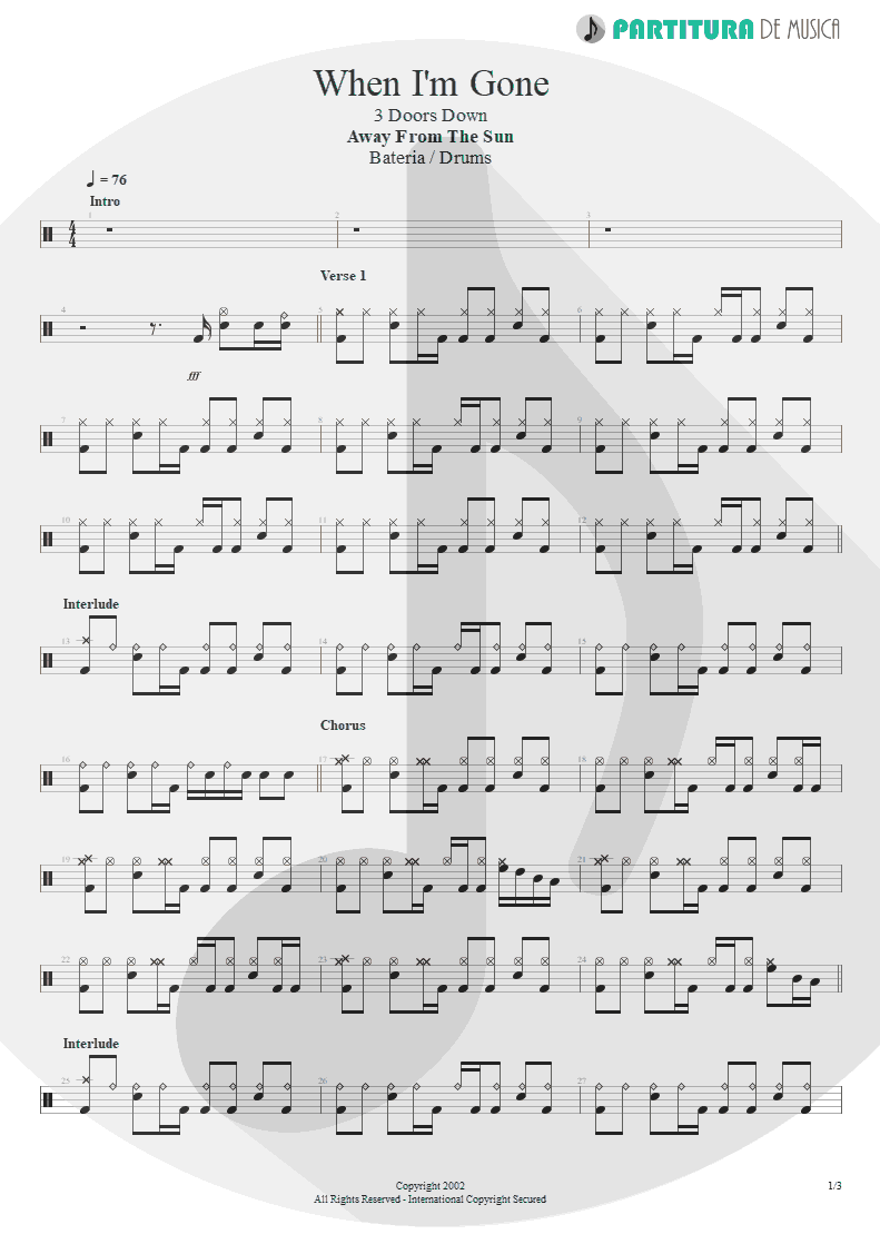 Partitura de musica de Bateria - When I'm Gone | 3 Doors Down | Away from the Sun 2002 - pag 1