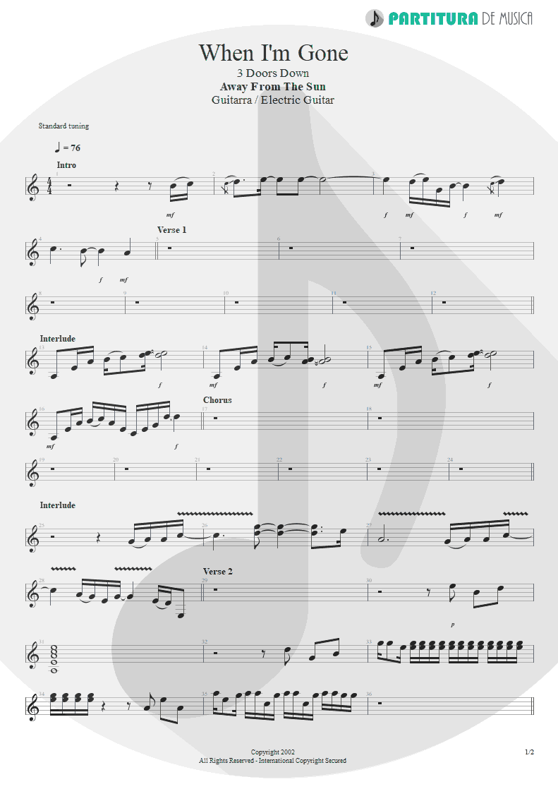 Partitura de musica de Guitarra Elétrica - When I'm Gone | 3 Doors Down | Away from the Sun 2002 - pag 1