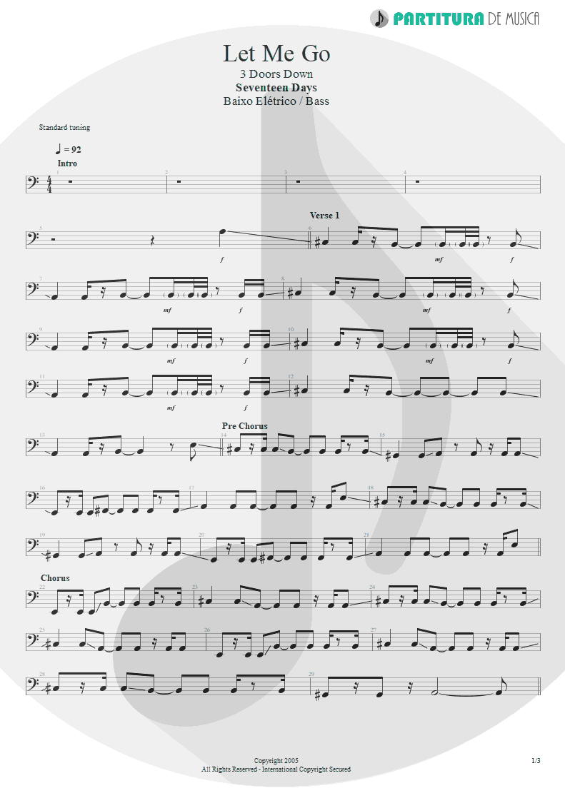 Partitura de musica de Baixo Elétrico - Let Me Go | 3 Doors Down | Seventeen Days 2005 - pag 1