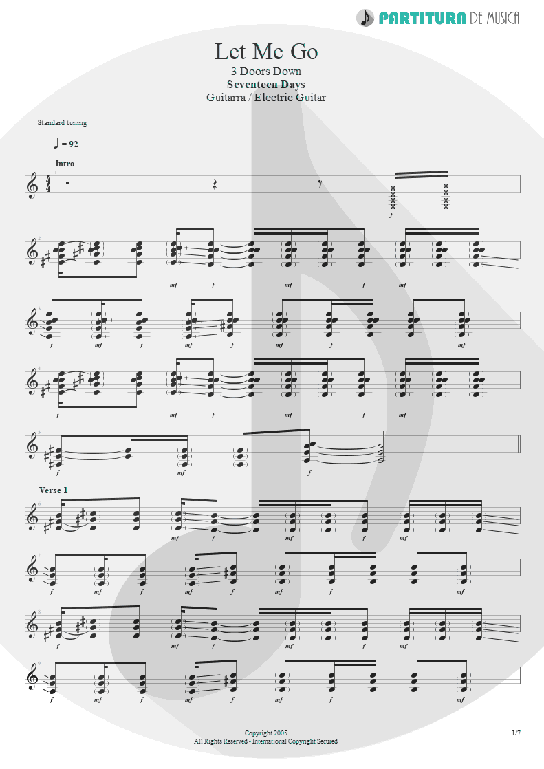 Partitura de musica de Guitarra Elétrica - Let Me Go | 3 Doors Down | Seventeen Days 2005 - pag 1