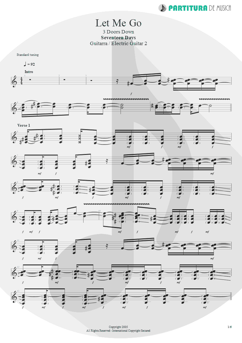 Partitura de musica de Guitarra Elétrica - Let Me Go | 3 Doors Down | Seventeen Days 2005 - pag 1