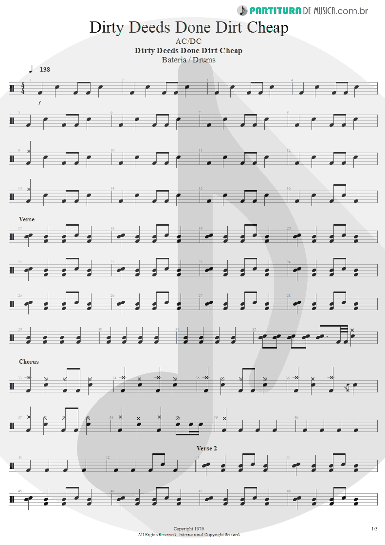 Partitura de musica de Bateria - Dirty Deeds Done Dirt Cheap | AC/DC | Dirty Deeds Done Dirt Cheap 1976 - pag 1