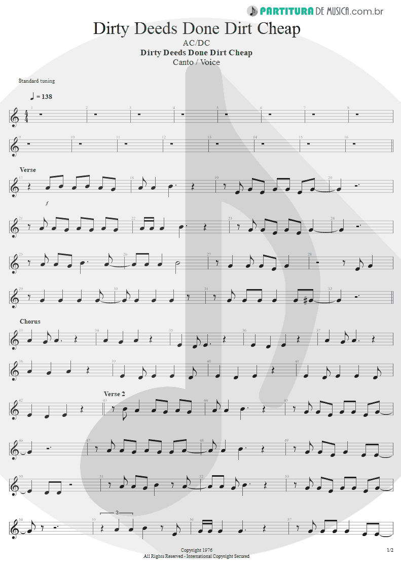 Partitura de musica de Canto - Dirty Deeds Done Dirt Cheap | AC/DC | Dirty Deeds Done Dirt Cheap 1976 - pag 1