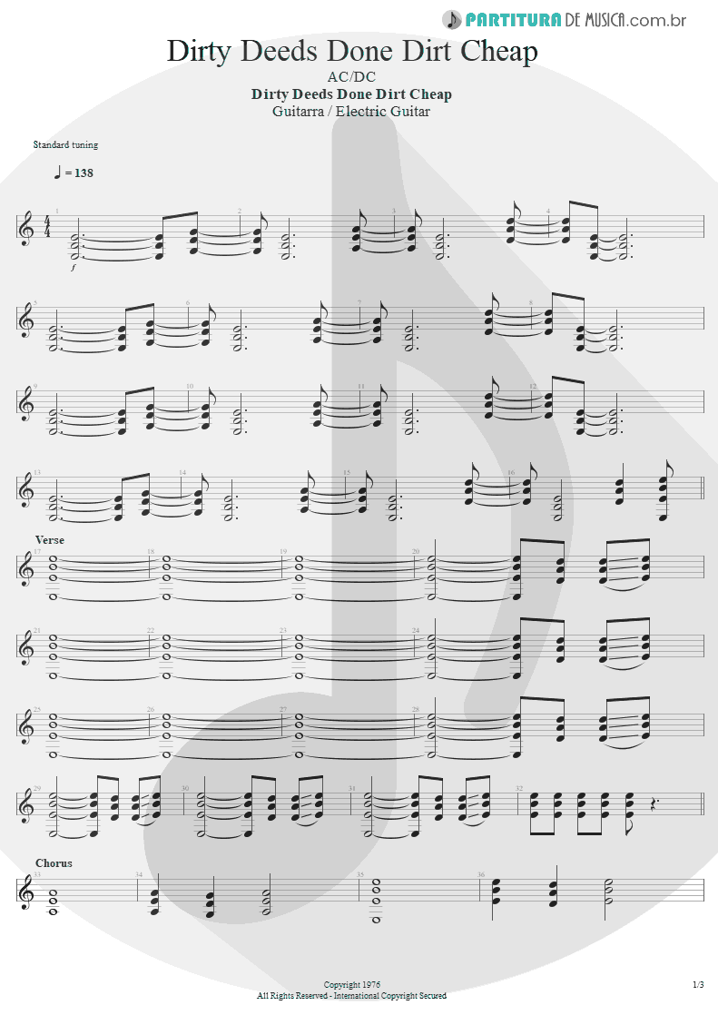 Partitura de musica de Guitarra Elétrica - Dirty Deeds Done Dirt Cheap | AC/DC | Dirty Deeds Done Dirt Cheap 1976 - pag 1