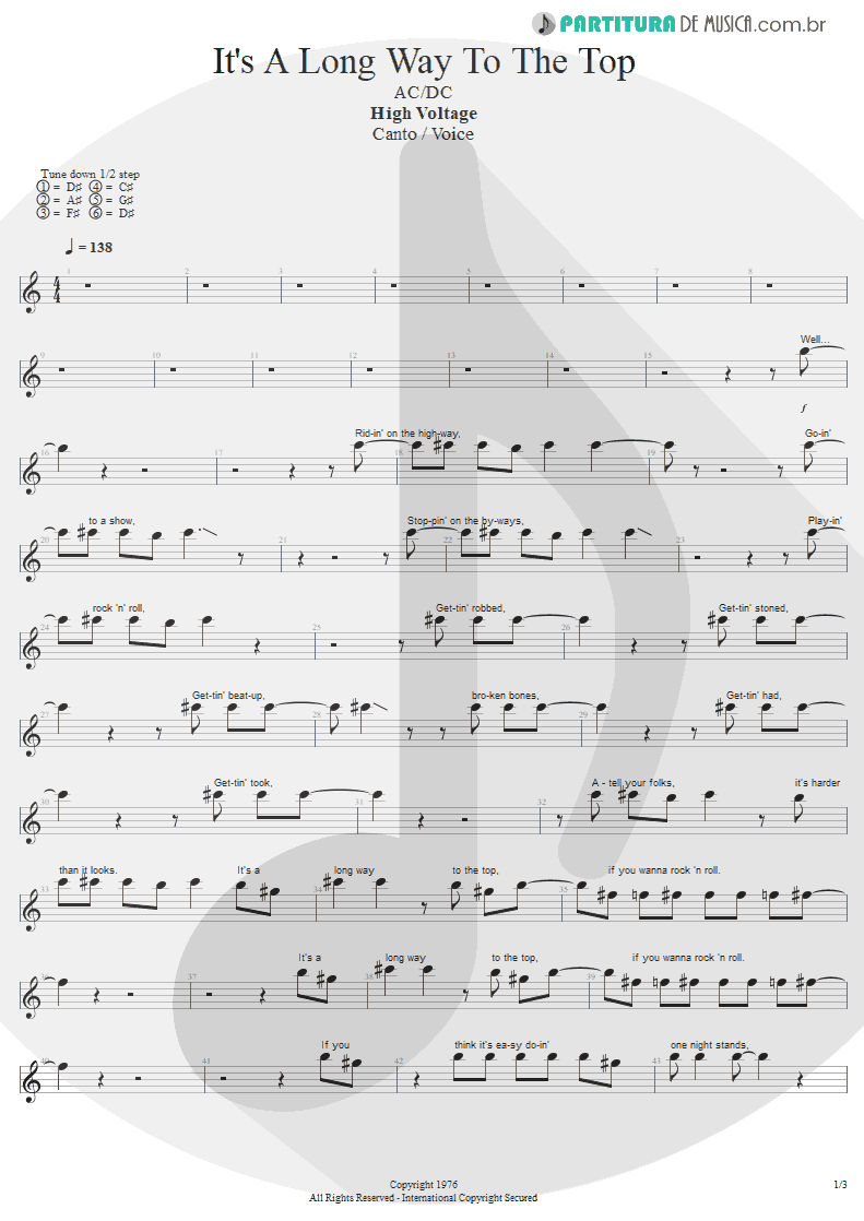 Partitura de musica de Canto - It's A Long Way To The Top | AC/DC | High Voltage 1976 - pag 1