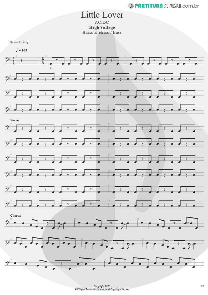 Partitura de musica de Baixo Elétrico - Little Lover | AC/DC | High Voltage 1976 - pag 1