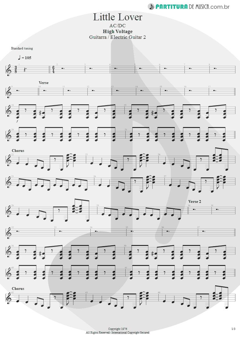 Partitura de musica de Guitarra Elétrica - Little Lover | AC/DC | High Voltage 1976 - pag 1