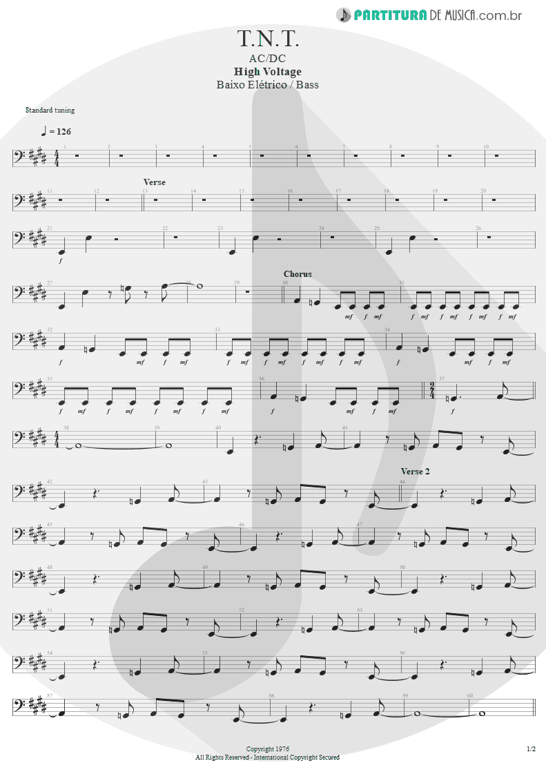 Partitura de musica de Baixo Elétrico - T.N.T. | AC/DC | High Voltage 1976 - pag 1