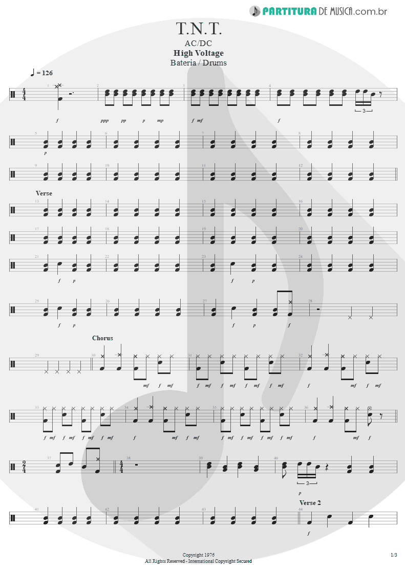 Partitura de musica de Bateria - T.N.T. | AC/DC | High Voltage 1976 - pag 1