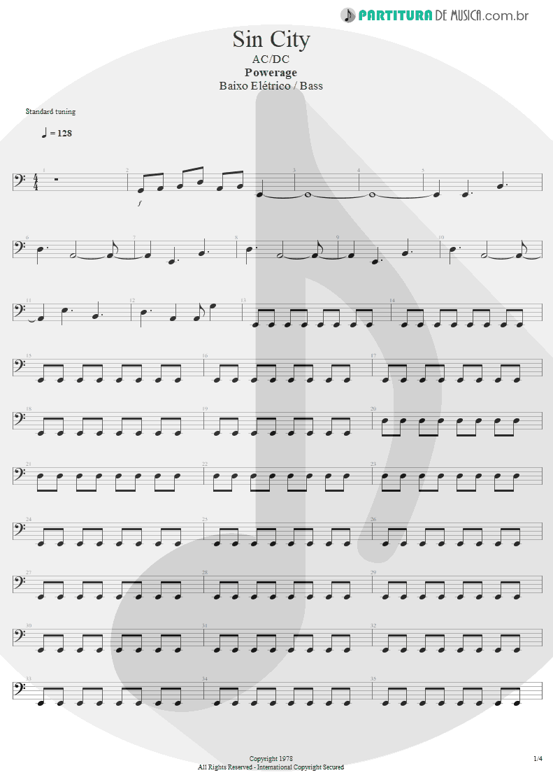 Partitura de musica de Baixo Elétrico - Sin City | AC/DC | Powerage 1978 - pag 1