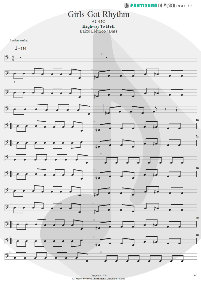 Partitura de musica de Baixo Elétrico - Girls Got Rhythm | AC/DC | Highway to Hell 1979 - pag 1