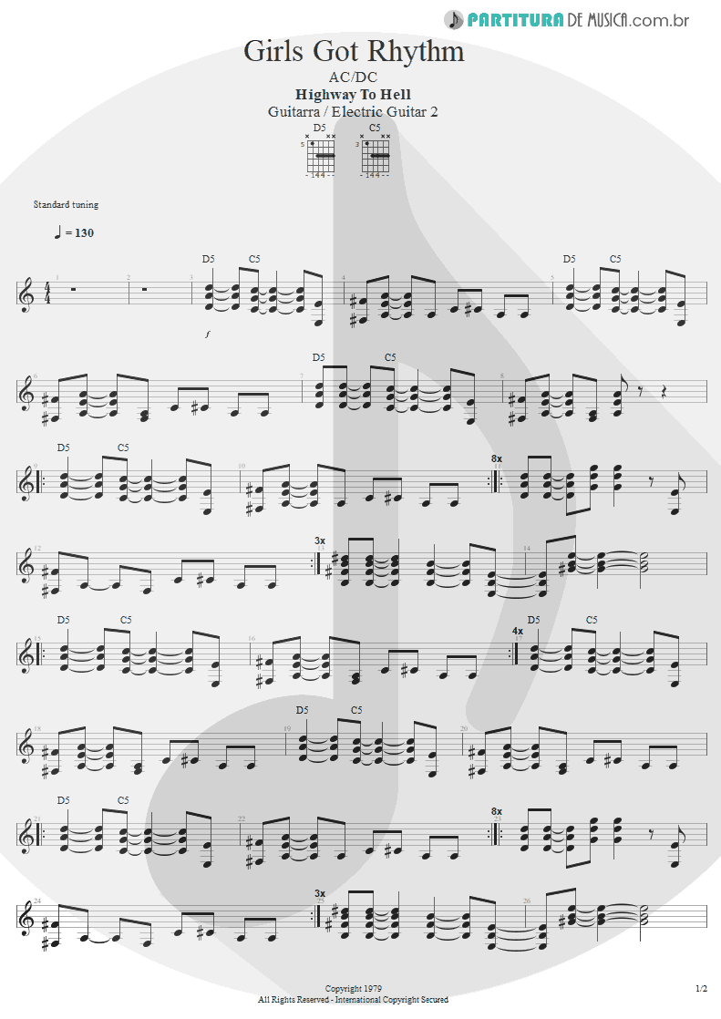 Partitura de musica de Guitarra Elétrica - Girls Got Rhythm | AC/DC | Highway to Hell 1979 - pag 1