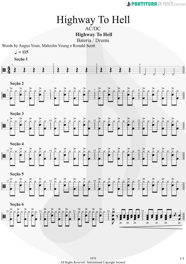 Partitura de musica de Bateria - Highway To Hell | AC/DC | Highway to Hell 1979 - pag 1
