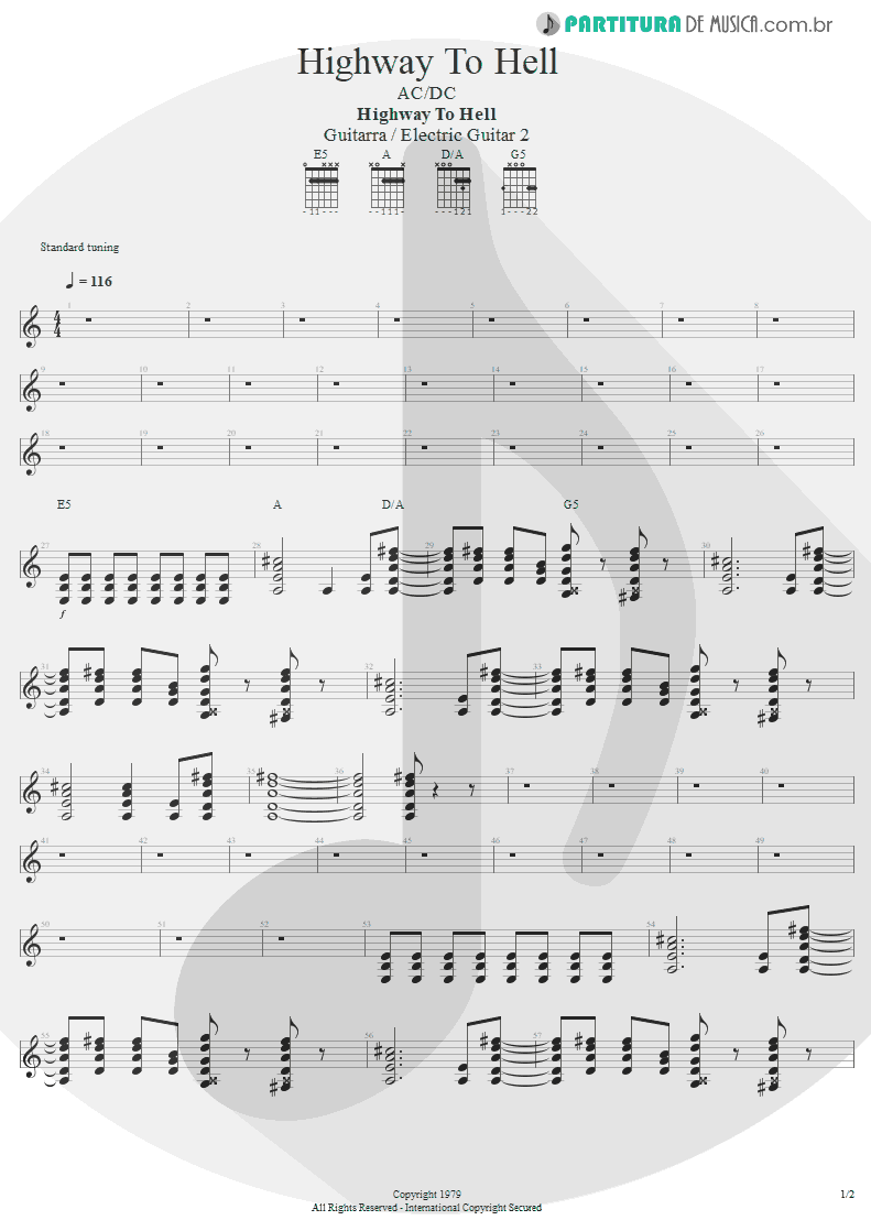 Partitura de musica de Guitarra Elétrica - Highway To Hell | AC/DC | Highway to Hell 1979 - pag 1