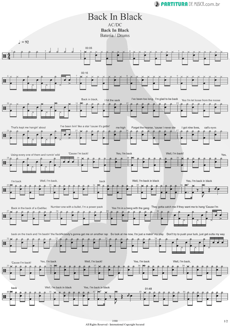 Partitura de musica de Bateria - Back In Black | AC/DC | Back In Black 1980 - pag 1