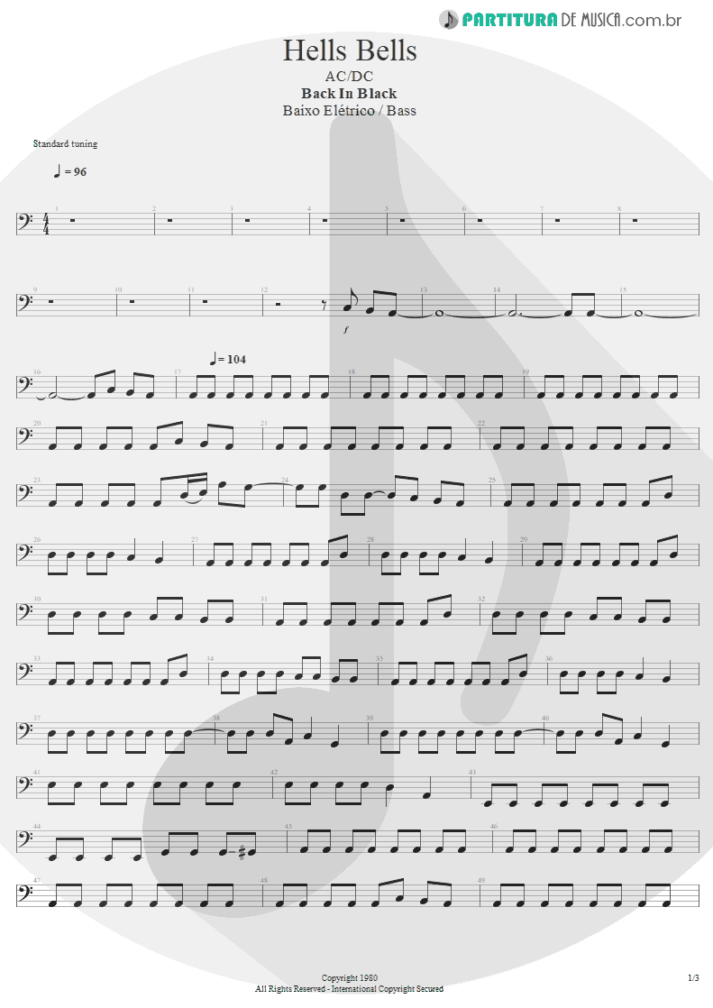 Partitura de musica de Baixo Elétrico - Hells Bells | AC/DC | Back In Black 1980 - pag 1