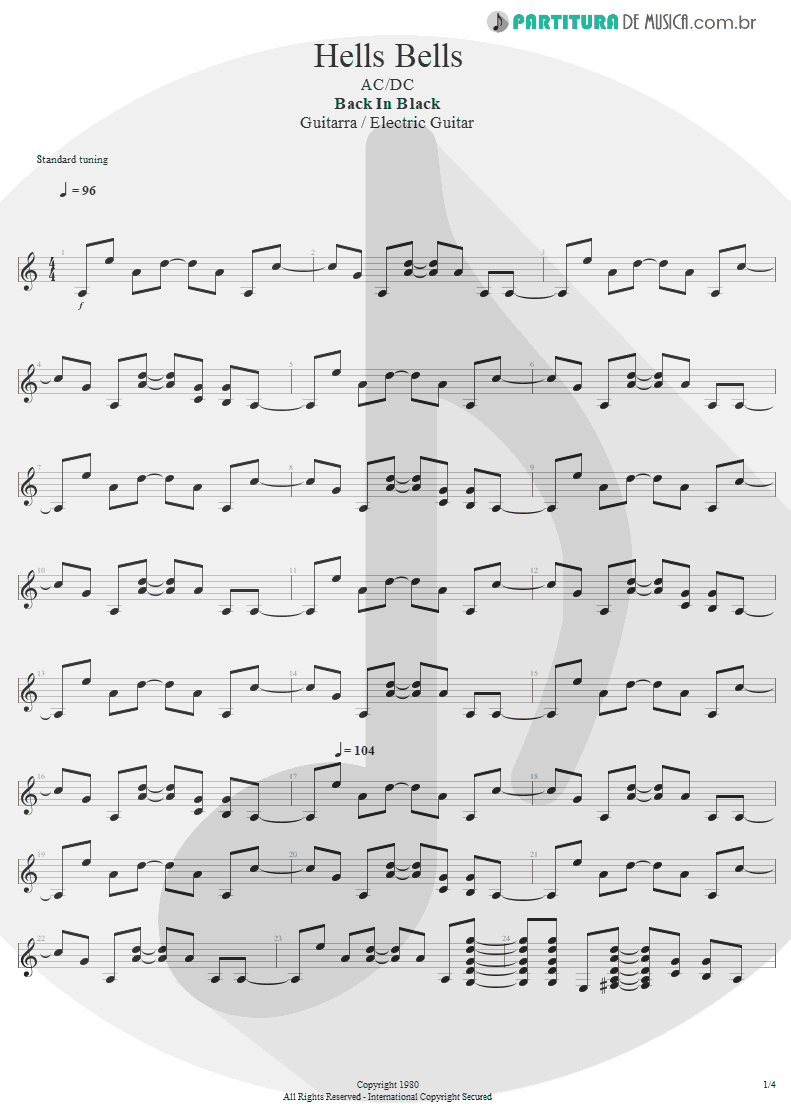 Partitura de musica de Guitarra Elétrica - Hells Bells | AC/DC | Back In Black 1980 - pag 1