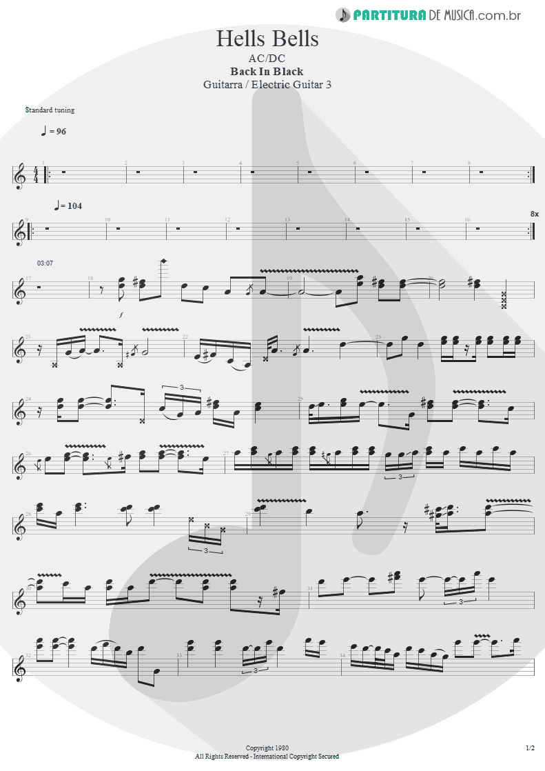 Partitura de musica de Guitarra Elétrica - Hells Bells | AC/DC | Back In Black 1980 - pag 1