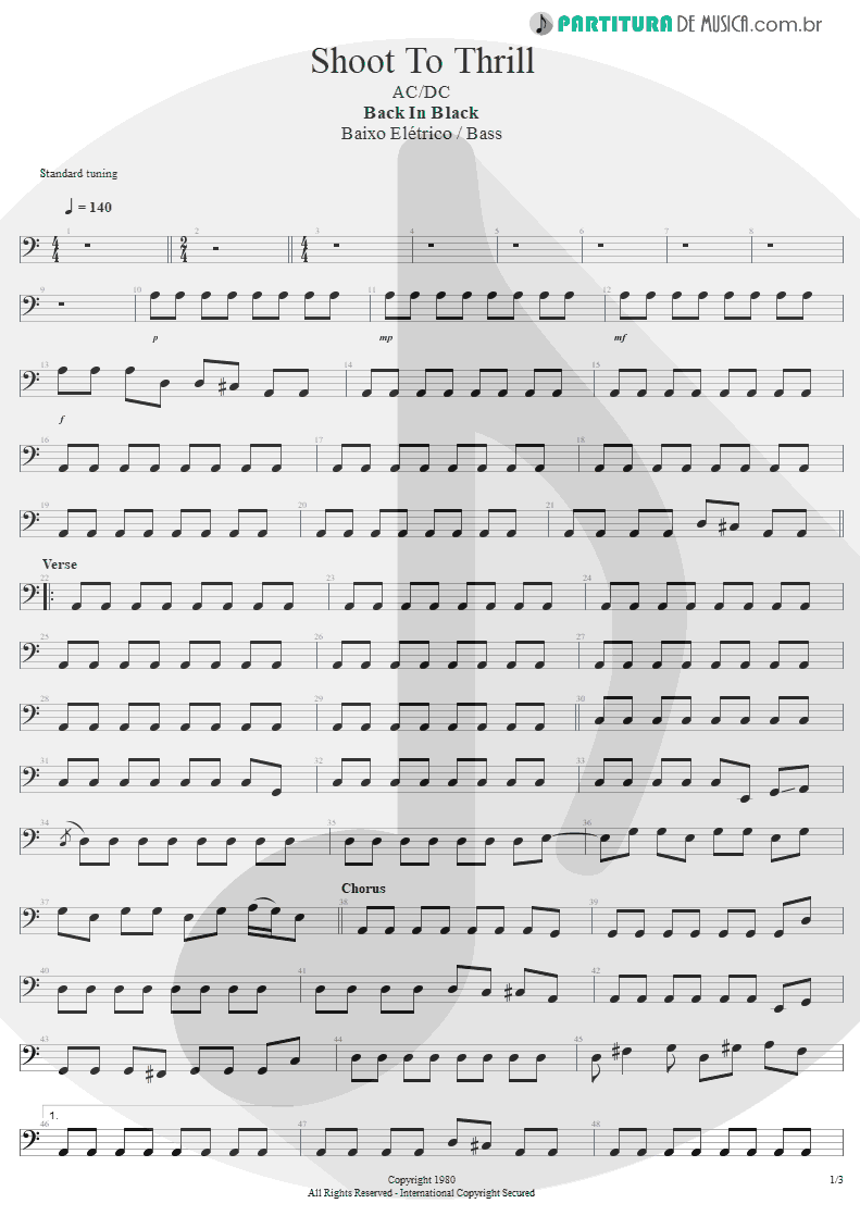 Partitura de musica de Baixo Elétrico - Shoot To Thrill | AC/DC | Back In Black 1980 - pag 1