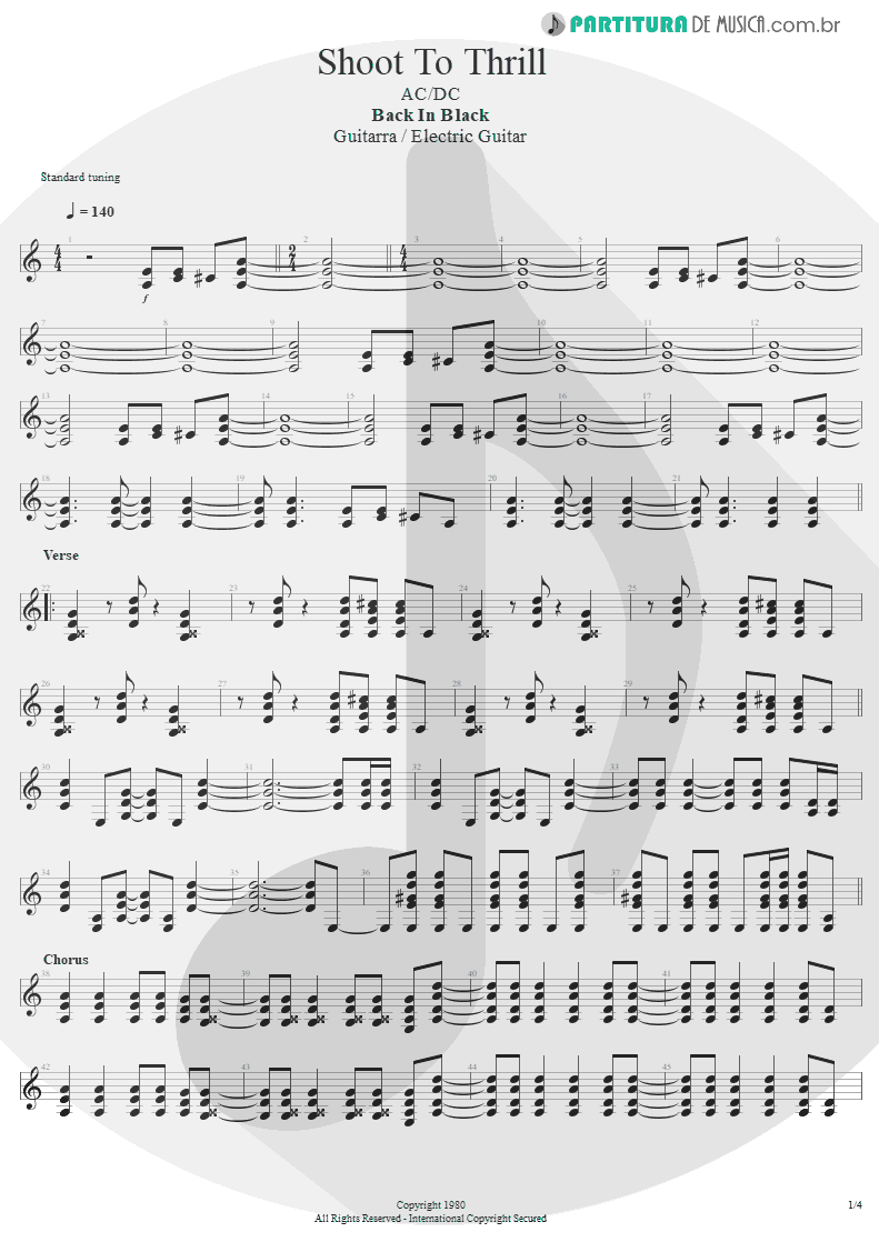 Partitura de musica de Guitarra Elétrica - Shoot To Thrill | AC/DC | Back In Black 1980 - pag 1