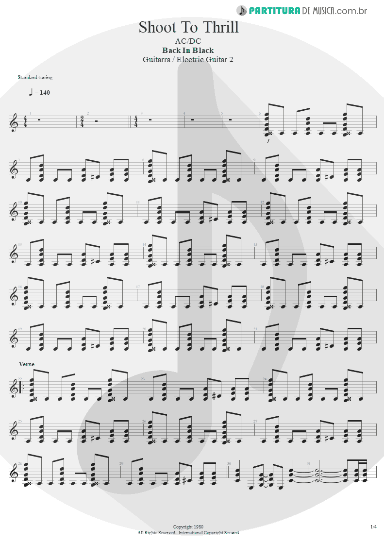 Partitura de musica de Guitarra Elétrica - Shoot To Thrill | AC/DC | Back In Black 1980 - pag 1