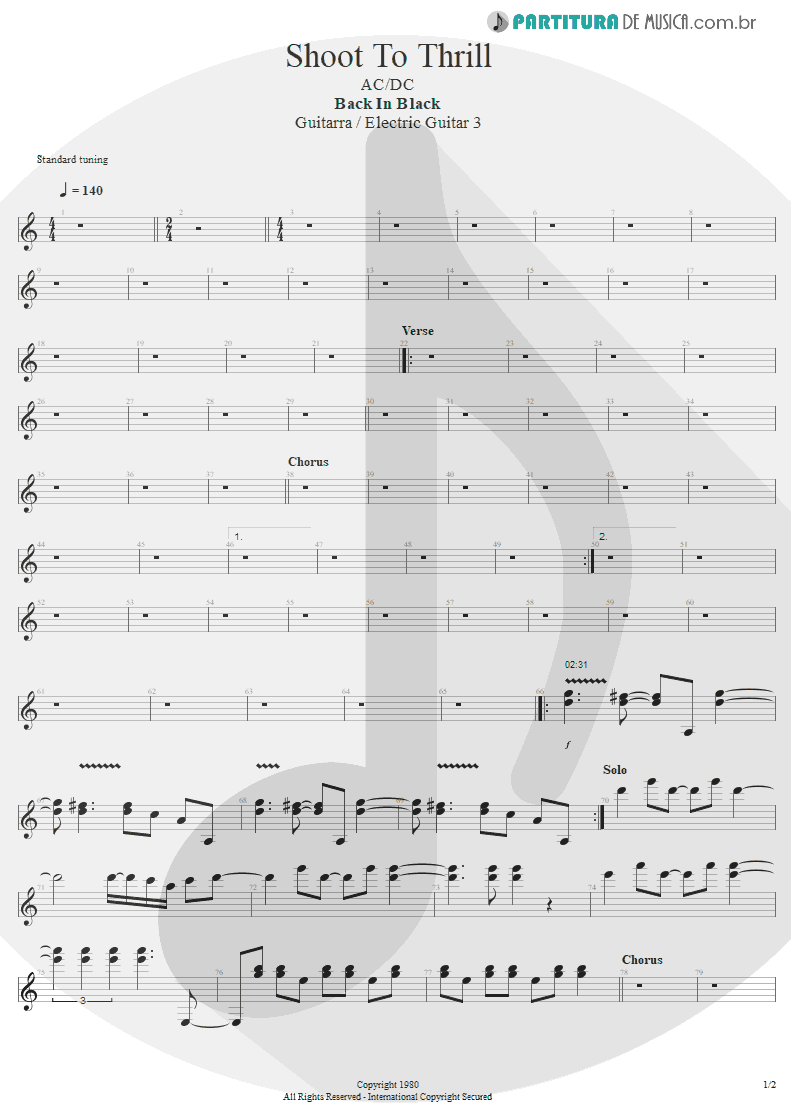 Partitura de musica de Guitarra Elétrica - Shoot To Thrill | AC/DC | Back In Black 1980 - pag 1