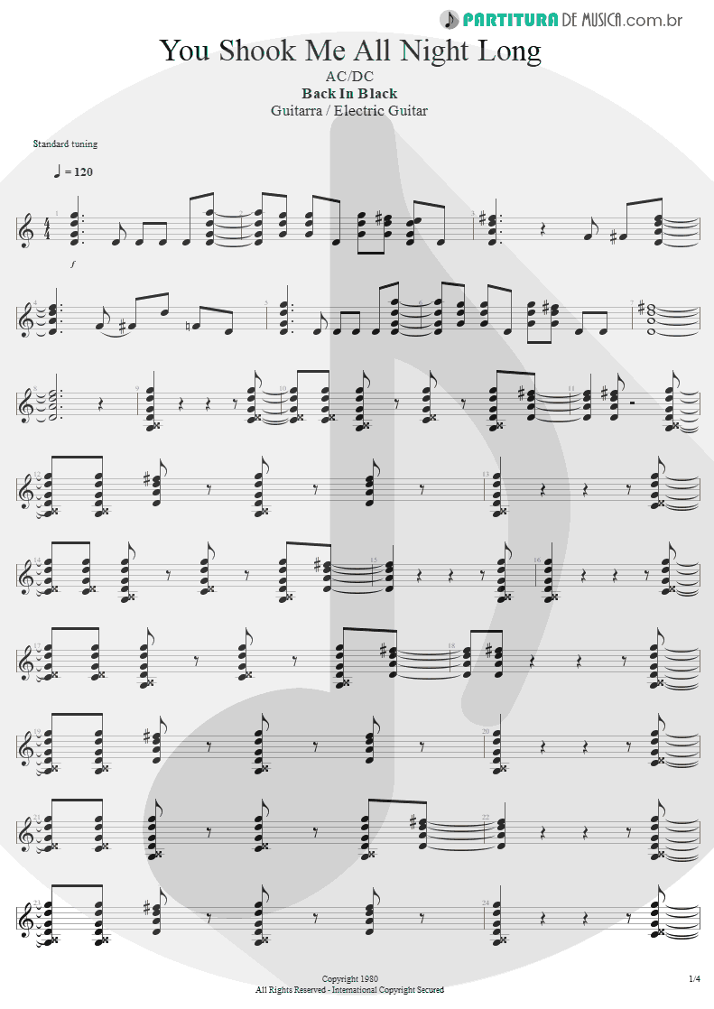 Partitura de musica de Guitarra Elétrica - You Shook Me All Night Long | AC/DC | Back In Black 1980 - pag 1